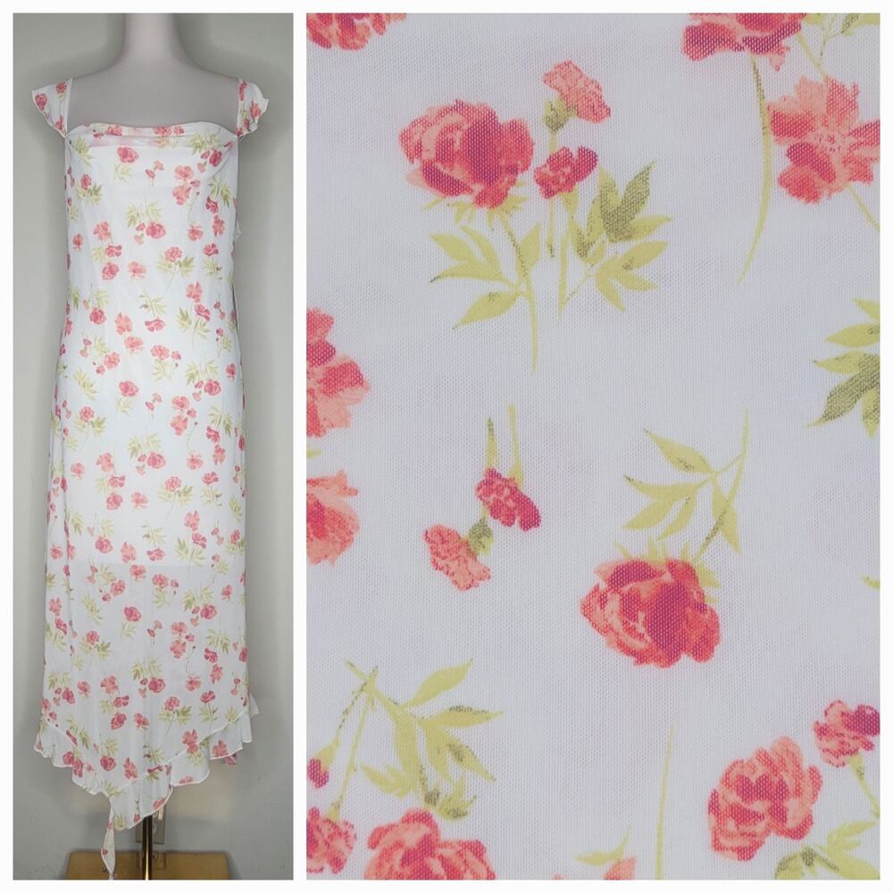 Kirious White Floral Slip Micro Mesh‎ Asymmetric Y2K Milkmaid Fairy Large NWT